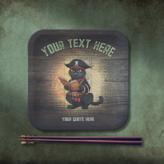 Curious pirate cat deciphers ancient mysteries paper plate