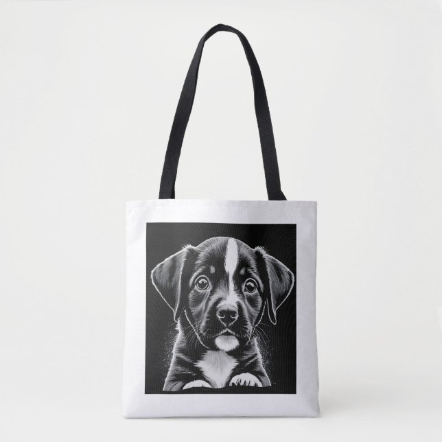 Curious Puppy – Black & White Tote Bag (Front)