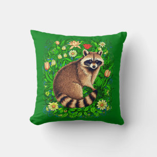 Curious Racoon in a Colourful Flower Garden Cushion