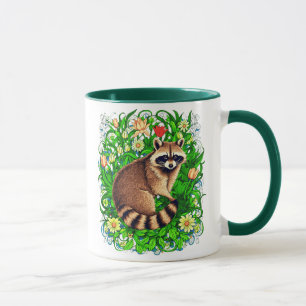 Curious Racoon in a Colourful Flower Garden Mug