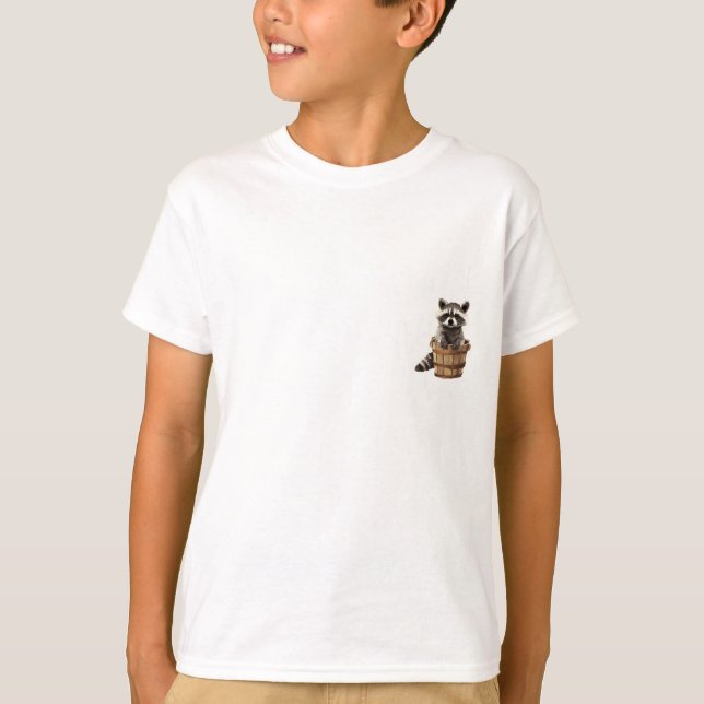 Curious Racoon in a Wooden Bucket Kids T-Shirt (Front)