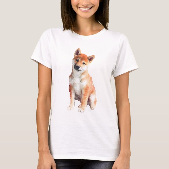 Curious Shiba Inu Puppy Watercolor Women T-Shirt (Front)