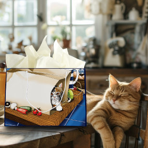 Curious Tabby Cat Grocery Bag Blue Cute     