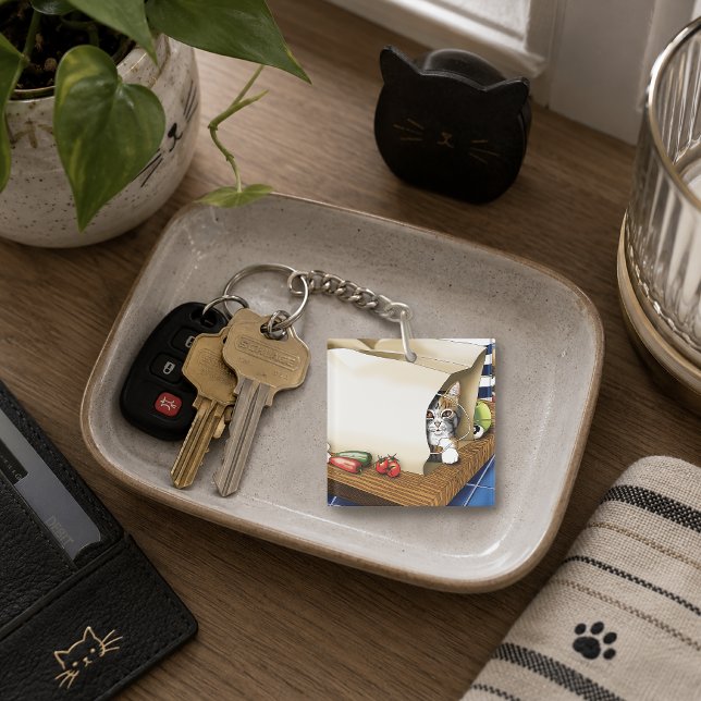 Curious Tabby Cat Grocery Bag Blue Cute      Key Ring (Creator Uploaded)