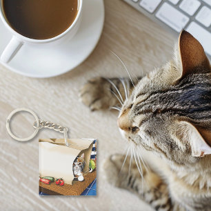 Curious Tabby Cat Grocery Bag Blue Cute      Key Ring