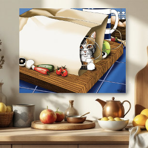 Curious Tabby Cat Grocery Bag Blue Cute      Poster