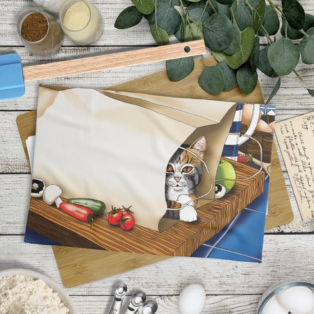 Curious Tabby Cat Grocery Bag Blue Cute      Tea Towel (Creator Uploaded)