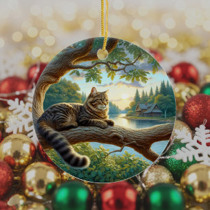 Curious Tabby Cat Keepsake Ceramic Tree Decoration