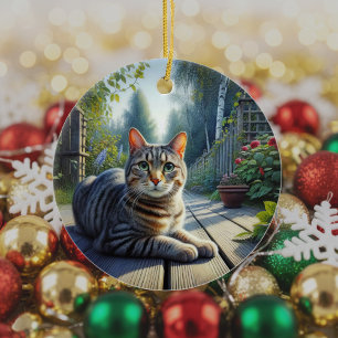 Curious Tabby Cat Keepsake Ceramic Tree Decoration