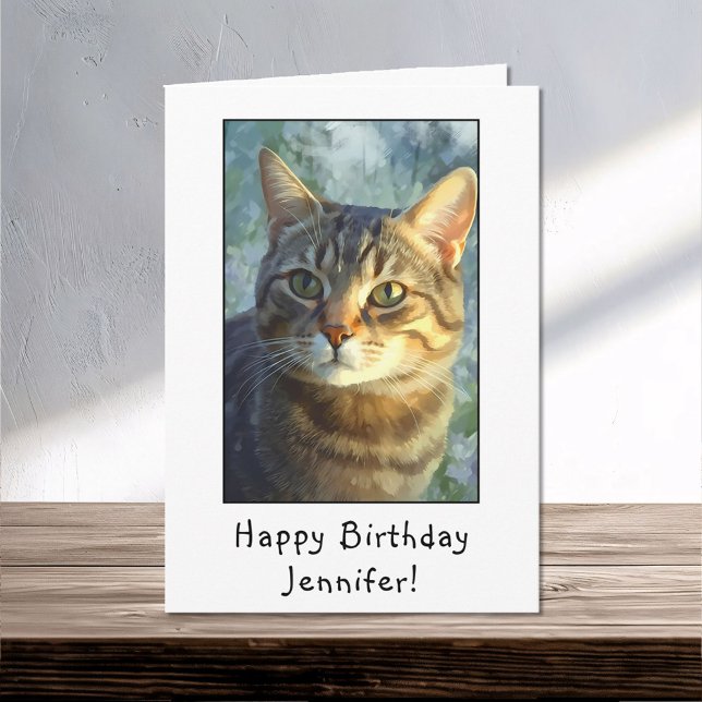  Curious Tabby Cat Portrait Happy Birthday Name Card (Creator Uploaded)
