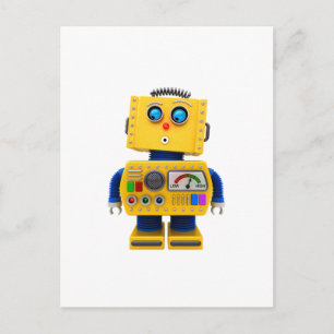 Curious toy robot looking down postcard