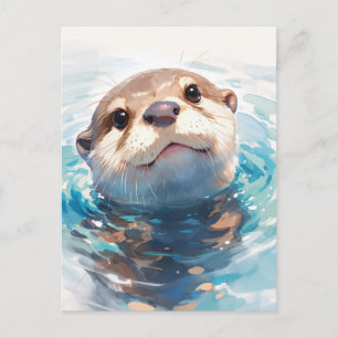 Curious Watercolor Otter in Blue Water Postcard
