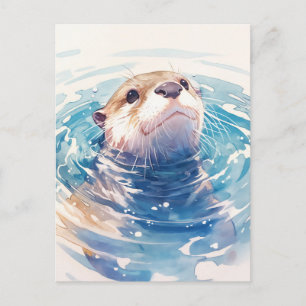 Curious Watercolor Otter in Blue Water Postcard