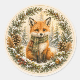 Curious Winter Fox Woodland Birthday Friends Classic Round Sticker