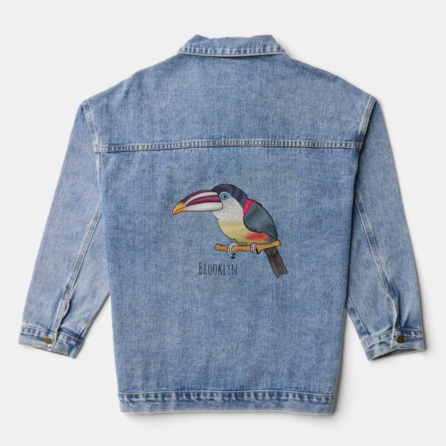 Curl crested aracari bird cartoon illustration denim jacket (Back)