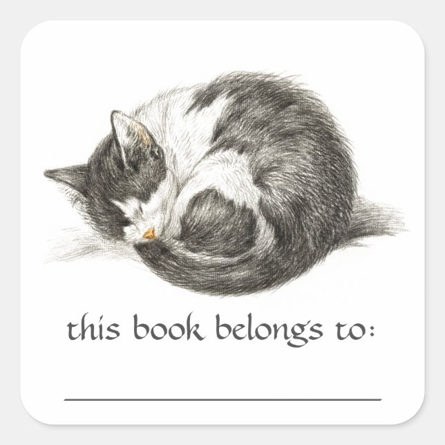Curled Up sleeping Cat Bookplate Stickers (Front)