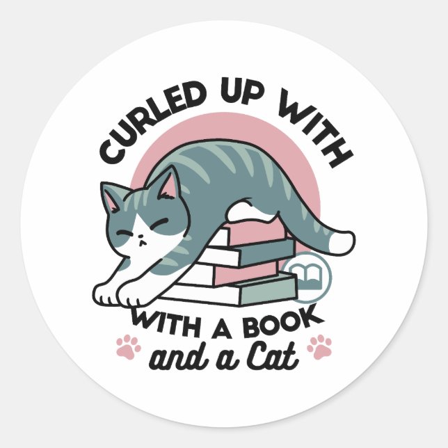 Curled Up with a Book and a Cat - Cosy Cat Reading Classic Round Sticker (Front)