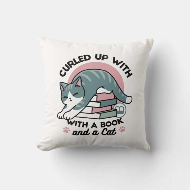 Curled Up with a Book and a Cat - Cosy Cat Reading Cushion (Front)