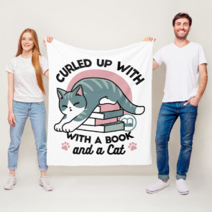Curled Up with a Book and a Cat - Cosy Cat Reading Fleece Blanket