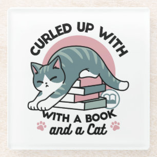 Curled Up with a Book and a Cat - Cosy Cat Reading Glass Coaster