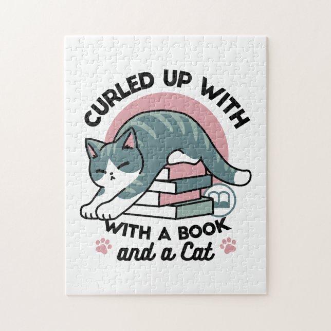 Curled Up with a Book and a Cat - Cosy Cat Reading Jigsaw Puzzle (Vertical)