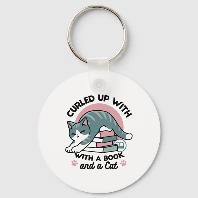 Curled Up with a Book and a Cat - Cosy Cat Reading Key Ring (Front)