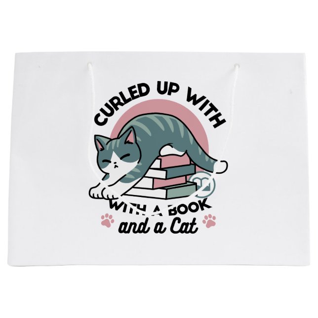 Curled Up with a Book and a Cat - Cosy Cat Reading Large Gift Bag (Front)