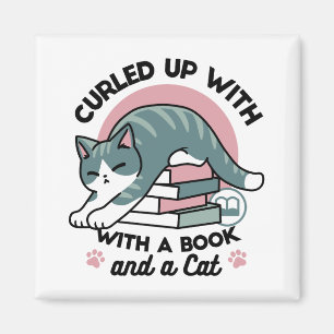 Curled Up with a Book and a Cat - Cosy Cat Reading Magnet