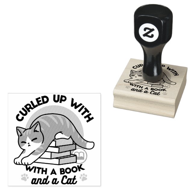 Curled Up with a Book and a Cat - Cosy Cat Reading Rubber Stamp (Stamped)