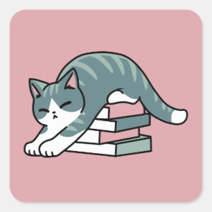 Curled Up with a Book and a Cat - Cosy Cat Reading Square Sticker