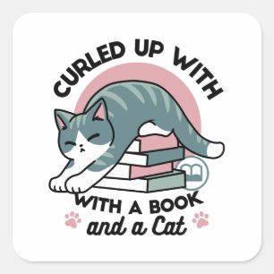 Curled Up with a Book and a Cat - Cosy Cat Reading Square Sticker