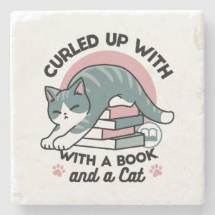 Curled Up with a Book and a Cat - Cosy Cat Reading Stone Coaster