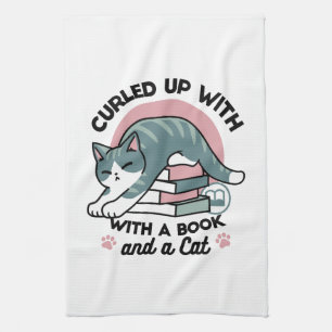 Curled Up with a Book and a Cat - Cosy Cat Reading Tea Towel