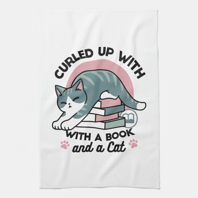 Curled Up with a Book and a Cat - Cosy Cat Reading Tea Towel (Vertical)