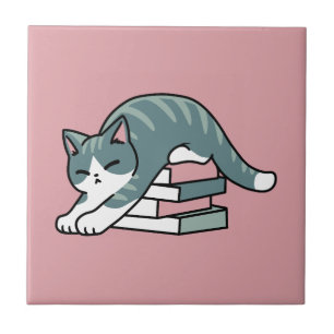 Curled Up with a Book and a Cat - Cozy Cat Reading Tile