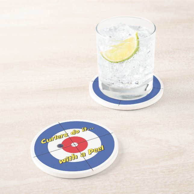 "Curlers do it... Peel" Sandstone Coaster - (Blue) (Side)