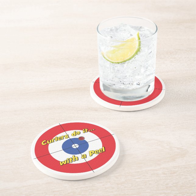 "Curlers do it... Peel" Sandstone Coaster - (Red) (Side)