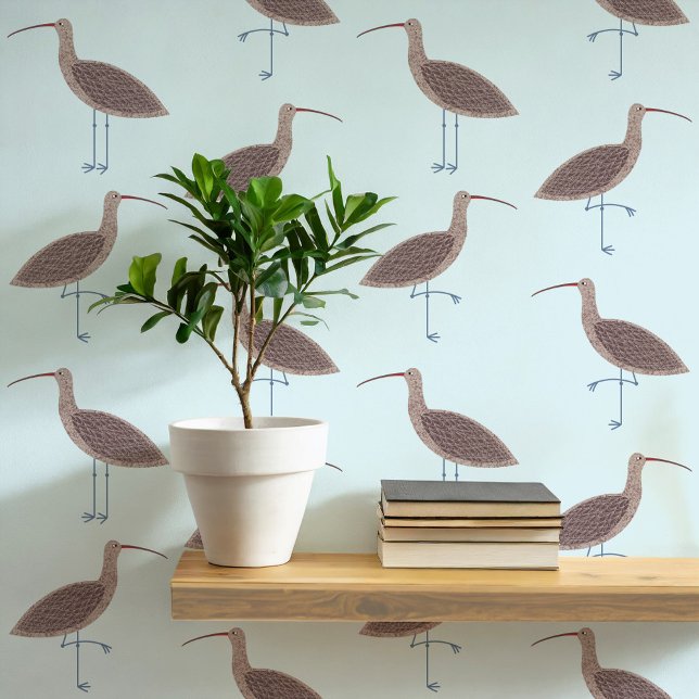 Curlew Bird Coastal Pattern Wallpaper (Curlew coastal bird pale blue art peel and stick wallpaper)