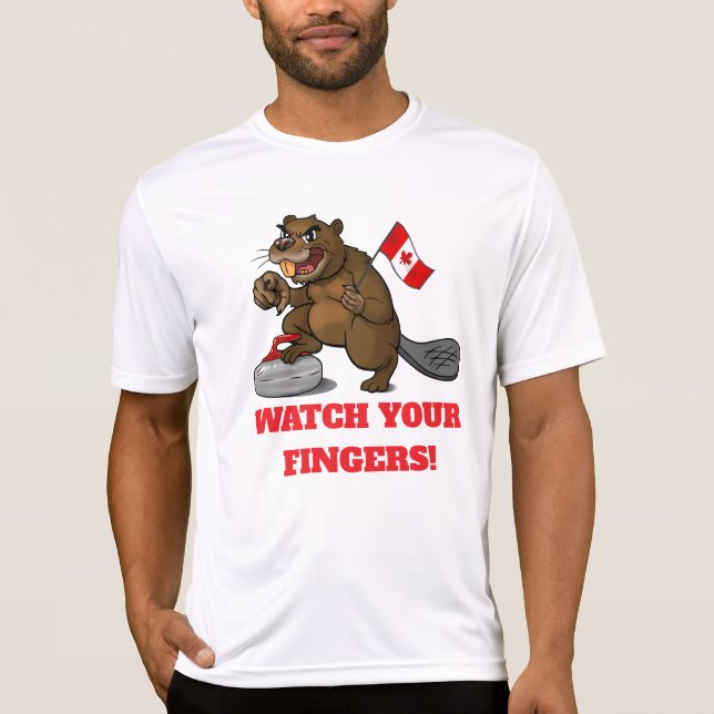 Curling beaver with flag - watch your fingers! T-Shirt (Front)