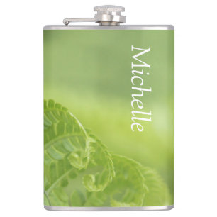 Curling Fern Leaves, Greenery, Blurred Background Hip Flask