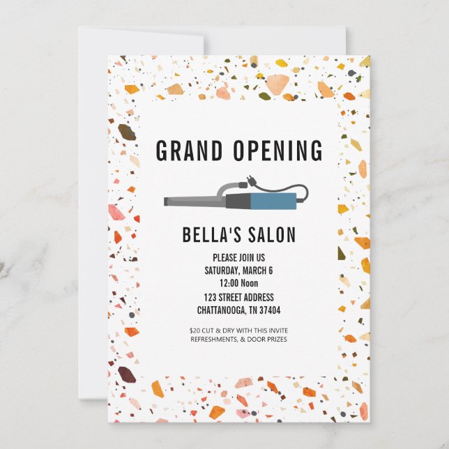 Curling Iron Terrazzo Salon Opening Invitation (Front)