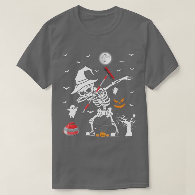 Curling Sports Funny Skeleton Dabbing Curling Hall T-Shirt (Design Front)
