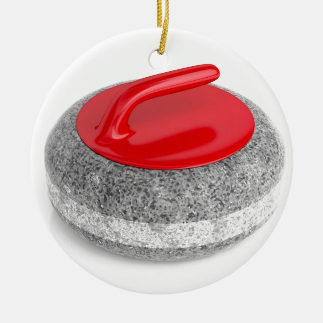 Curling stone on white ceramic tree decoration (Front)