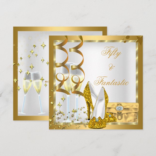 Curly 50 & Fantastic White Gold Birthday Party Invitation (Front/Back)