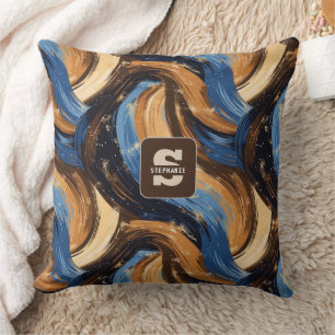 Curly Abstract Brushstrokes in Blue & Brown Cushion