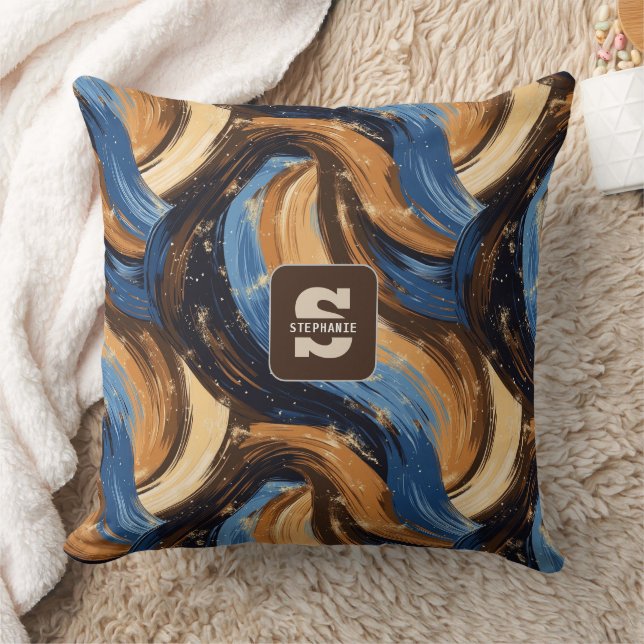 Curly Abstract Brushstrokes in Blue & Brown Cushion (Blanket)