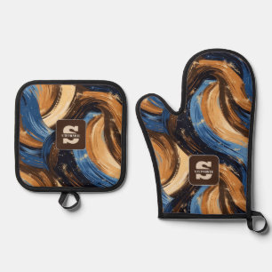 Curly Abstract Brushstrokes in Blue & Brown Oven Mitt & Pot Holder Set
