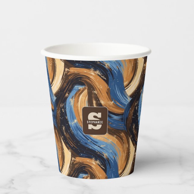 Curly Abstract Brushstrokes in Blue & Brown Paper Cups (Front)
