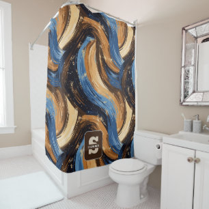 Curly Abstract Brushstrokes in Blue & Brown Shower Curtain