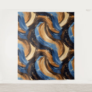 Curly Abstract Brushstrokes in Blue & Brown Tapestry